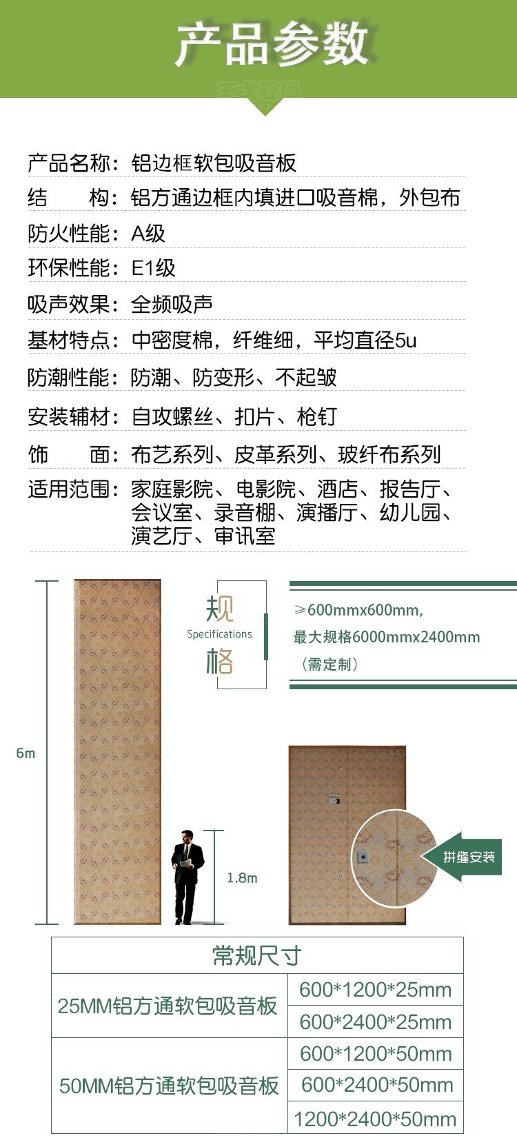 铝边框软包吸音板产品参数